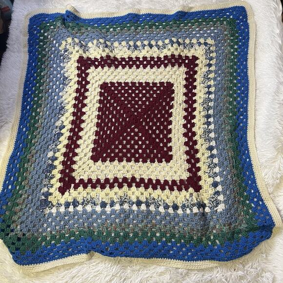 Handmade Other - Vintage Handmade Afghan Blanket Throw 45”x40”Crochet Multi-Color Granny Square